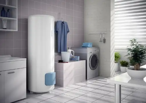 Chauffe-eau électrique Atlantic Zeneo installé dans une buanderie moderne avec machine à laver - Installation professionnelle au Havre