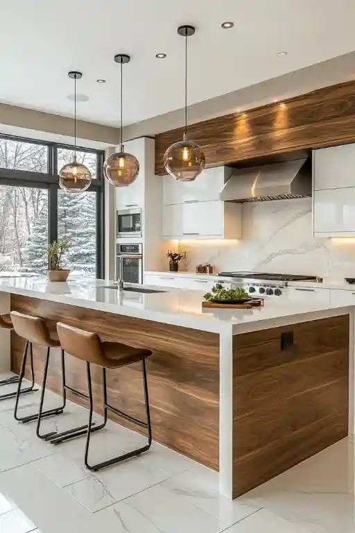 Cuisine moderne tendance 2025 avec ilot central en bois noyer et éclairage suspendu